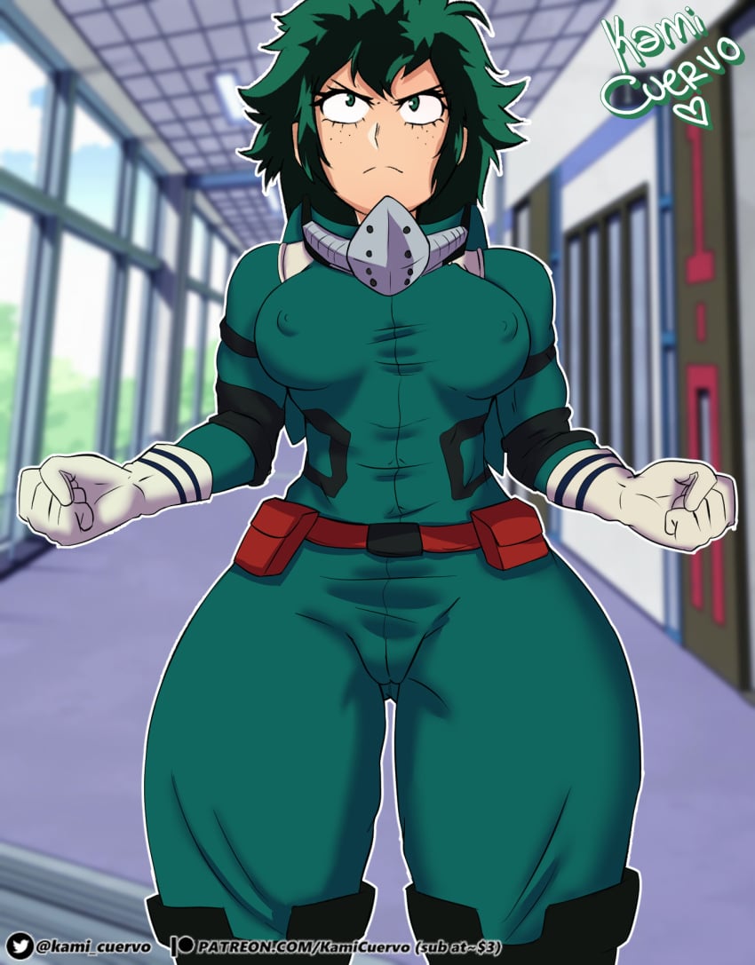 1girls 2d abs cannon crowgod deku erect_nipples fat_thighs female female_deku gloves green_eyes green_hair hard_nipples hero heroine izuku_midoriya lord_socar muscles muscular_female my_hero_academia nipple_bulge rule_63 solo stronger suit thighs white_skin