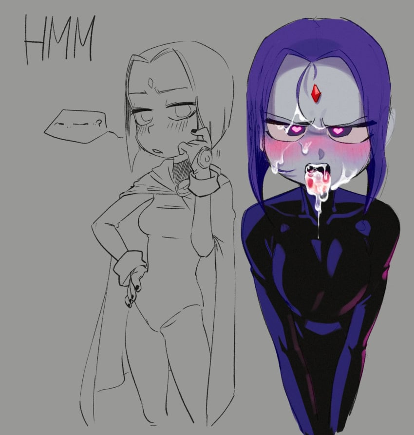 annoyed black_nails blush bodysuit cheez chi-iz chibi cum cum_in_mouth cum_on_face dc dc_comics gem heart-shaped_pupils purple_hair rachel_roth raven_(dc) red_gem sketch skin_tight skin_tight_suit tagme teen_titans teenager unfinished