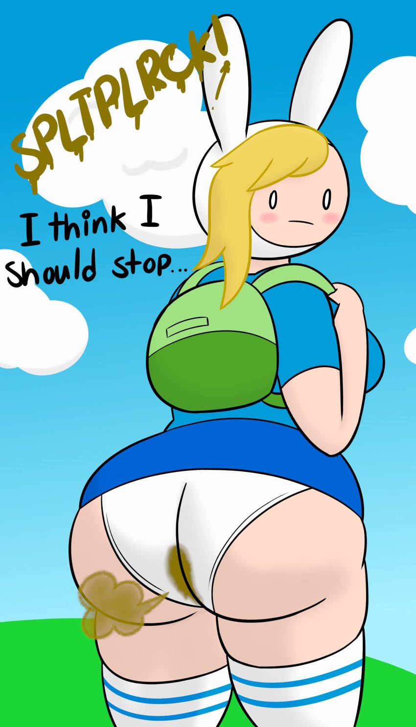 1girls 2021 adventure_time ass back_view backpack big_ass black_eyes black_pupils blonde_hair blue_shirt blue_sky blush bunny_ears cartoon_network closed_mouth clouds dilated_pupils embarrassed fart fart_cloud fart_fetish fat_ass female female_only fionna_the_human_girl green_backpack human looking_back onomatopoeia scat shart simple_background simple_shading solo stained_panties standing striped_socks text thick_ass thick_thighs toony white_panties white_pupils white_socks yellowwood578