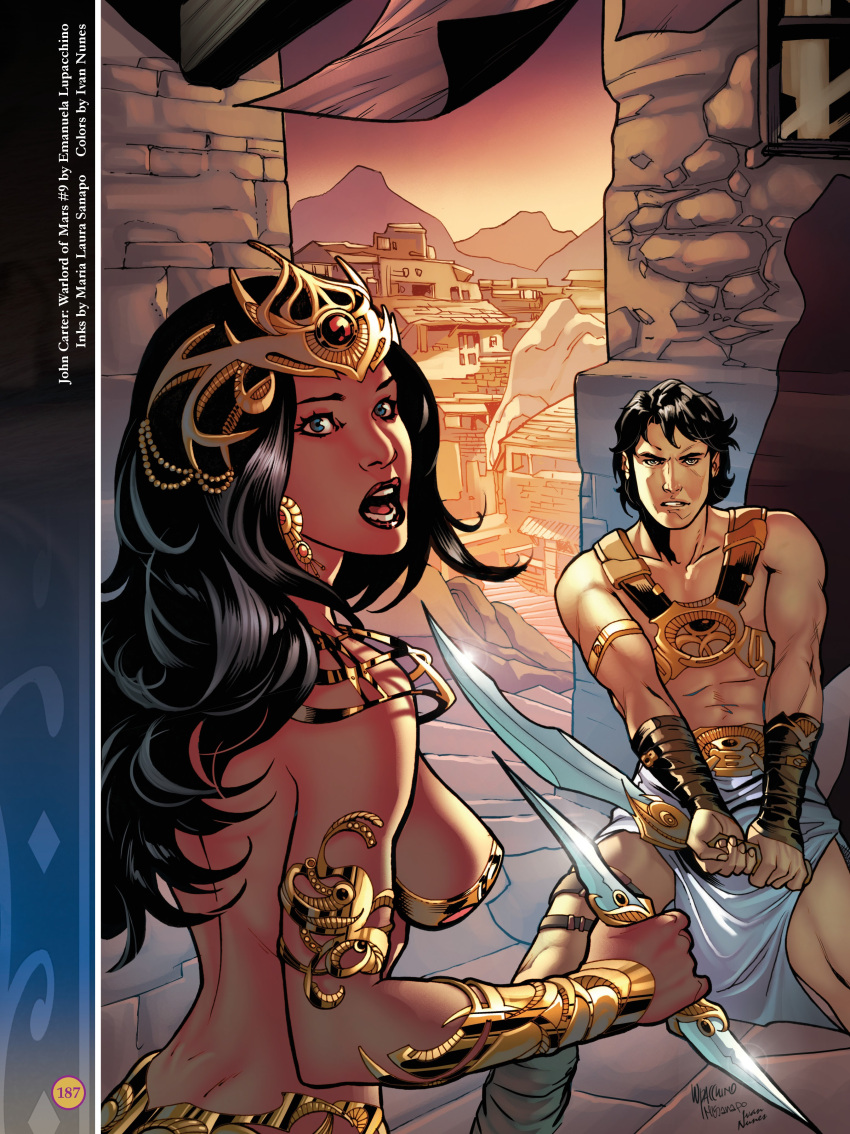 1boy 1boy1girl 1girls a_princess_of_mars barsoom black_hair blue_eyes canon_couple dejah_thoris emanuela_lupacchino harness holding_weapon ivan_nunes john_carter john_carter_of_mars large_breasts long_hair looking_at_viewer maria_laura_sanapo martian official_art pink_skin revealing_clothes royalty short_hair shoulder_armor sword tiara