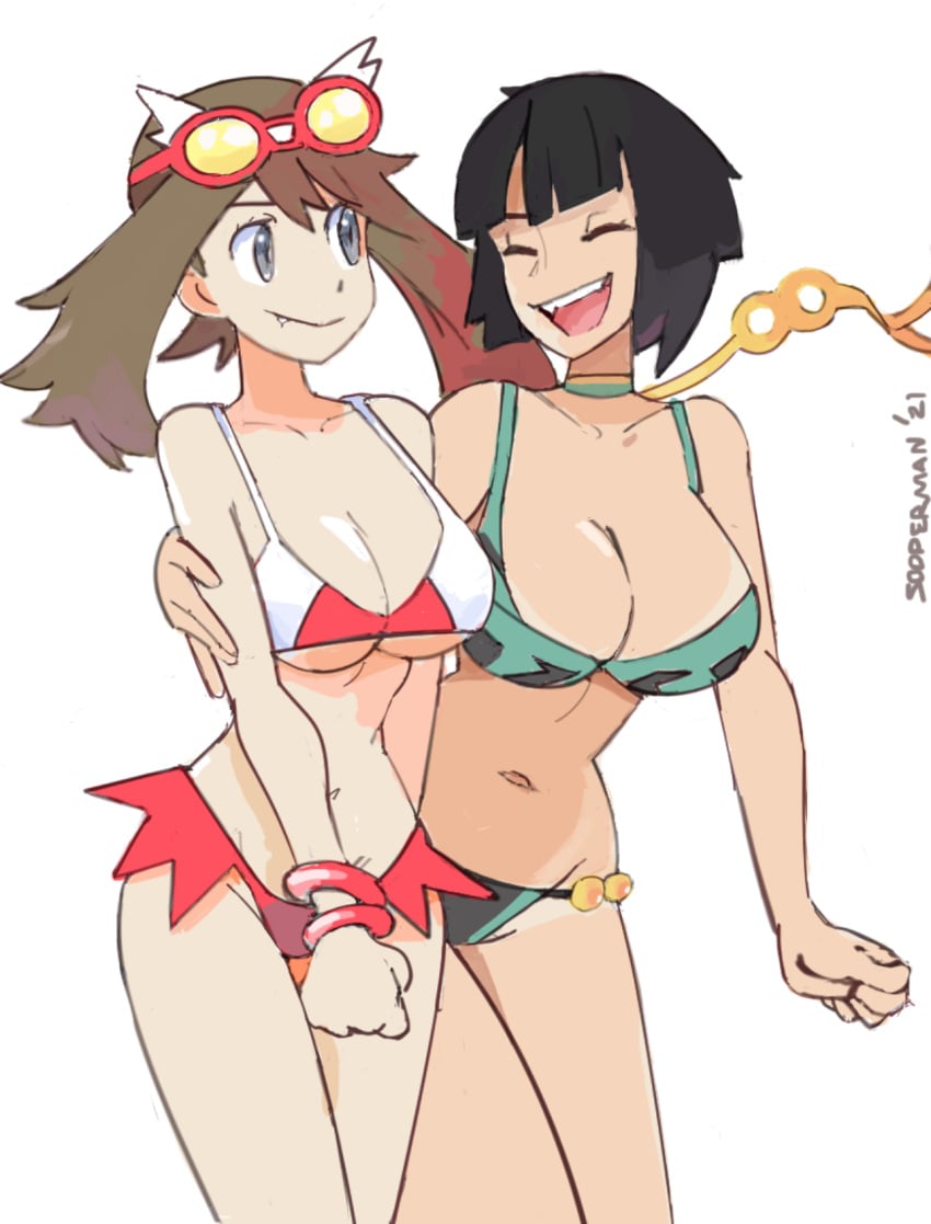 2girls alternate_breast_size big_breasts bikini bikini_top black_hair breast_size_difference breasts brown_hair cleavage duo duo_focus female female_focus female_only full_color game_freak goggles goggles_on_forehead goggles_on_head happy huge_breasts human human_only large_breasts latias_(cosplay) looking_at_another may_(pokemon) multiple_girls nintendo oerba_yun_fang pokemon pokemon_(cosplay) pokemon_adventures rayquaza_(cosplay) sapphire_birch_(pokemon) short_black_hair short_hair size_difference smile smiling smiling_at_another sooperman tan tan-skinned_female tanline twintails white_background wholesome zinnia_(pokemon)