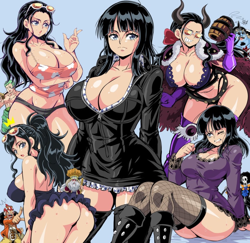 1girls beast_pirates beast_pirates_(cosplay) big_breasts black_clothing black_hair breasts brook bubble_butt cleavage dressrosa dual_persona female female_focus jinbe large_breasts leather_minidress lewdamone long_hair male nico_robin one_piece orange-tinted_eyewear post-timeskip post_timeskip pre-timeskip pre_timeskip punk_hazard roronoa_zoro sunglasses thriller_bark time_paradox tinted_eyewear usopp water_7