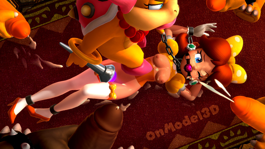 2girls 3d 3d_(artwork) 4boys alternate_version_available anthro ball_gag bondage bow breasts bukkake corset cum cum_on_breasts cum_on_face cum_on_floor femdom gloves high_heels koopaling koopalings mario_(series) morton_koopa_jr. nintendo onmodel3d partial_male princess_daisy pussy self_upload semen slave_outfit super_mario_bros. thigh_highs wendy_o._koopa