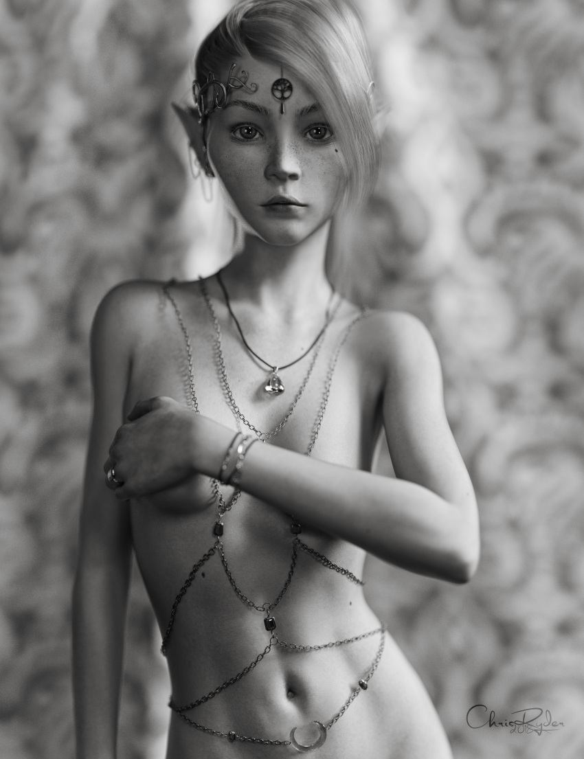 3d black_and_white chris_ryder covering covering_breasts covering_self detailed_background elf female hi_res high_resolution highres jewelry_chains looking_at_viewer nude pointy_ears talille