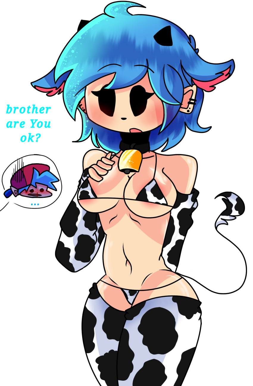 big_sis_(friday_night_funkin) boyfriend_(friday_night_funkin) brother_and_sister cow cow_ears cow_girl cow_print female friday_night_funkin horns michu_neko nosebleed shiny_skin socks