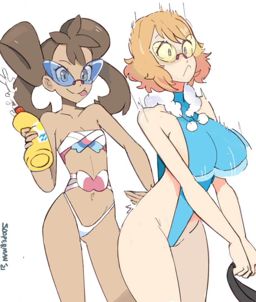 2girls big_breasts bikini blue-tinted_eyewear bottle breast_size_difference breasts chocolate_and_vanilla cute dark-skinned_female duo duo_focus female female_focus female_only game_freak huge_breasts human human_only large_breasts looking_at_another looking_away movement_lines one-piece_swimsuit petite petite_body pokemon pokemon_xy serena_(pokemon) shauna_(pokemon) short_hair slapping slapping_ass slapping_butt small_breasts smile smiling smirk sooperman squeeze squeezing squirting_bottle sunglasses sunscreen surprised surprised_expression tinted_eyewear tongue_out twintails white_background wholesome