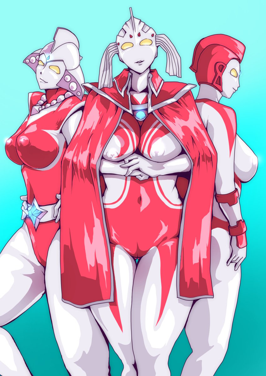 3girls alien alien_girl big_breasts cape female female_focus female_only looking_at_viewer metallic_hair mother_of_ultra multiple_girls take_your_pick tsuburaya_productions ultraman_(franchise) ultrawoman_beth ultrawoman_yulian zizi_(artist)