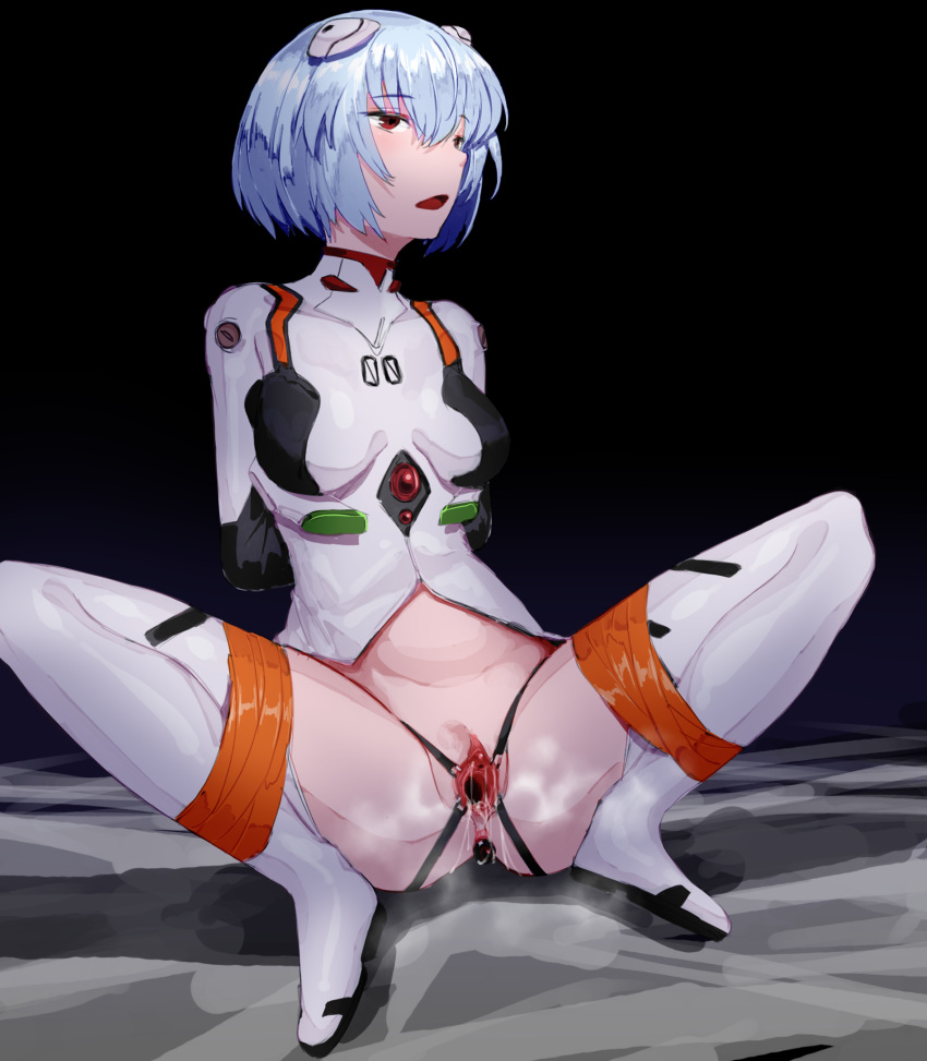 1girls anal_beads blue_hair bodysuit breasts clitoris clothing edenevee female human medium_breasts neon_genesis_evangelion pale-skinned_female pale_skin pilot_suit plugsuit rei_ayanami short_hair spread_pussy stockings tagme