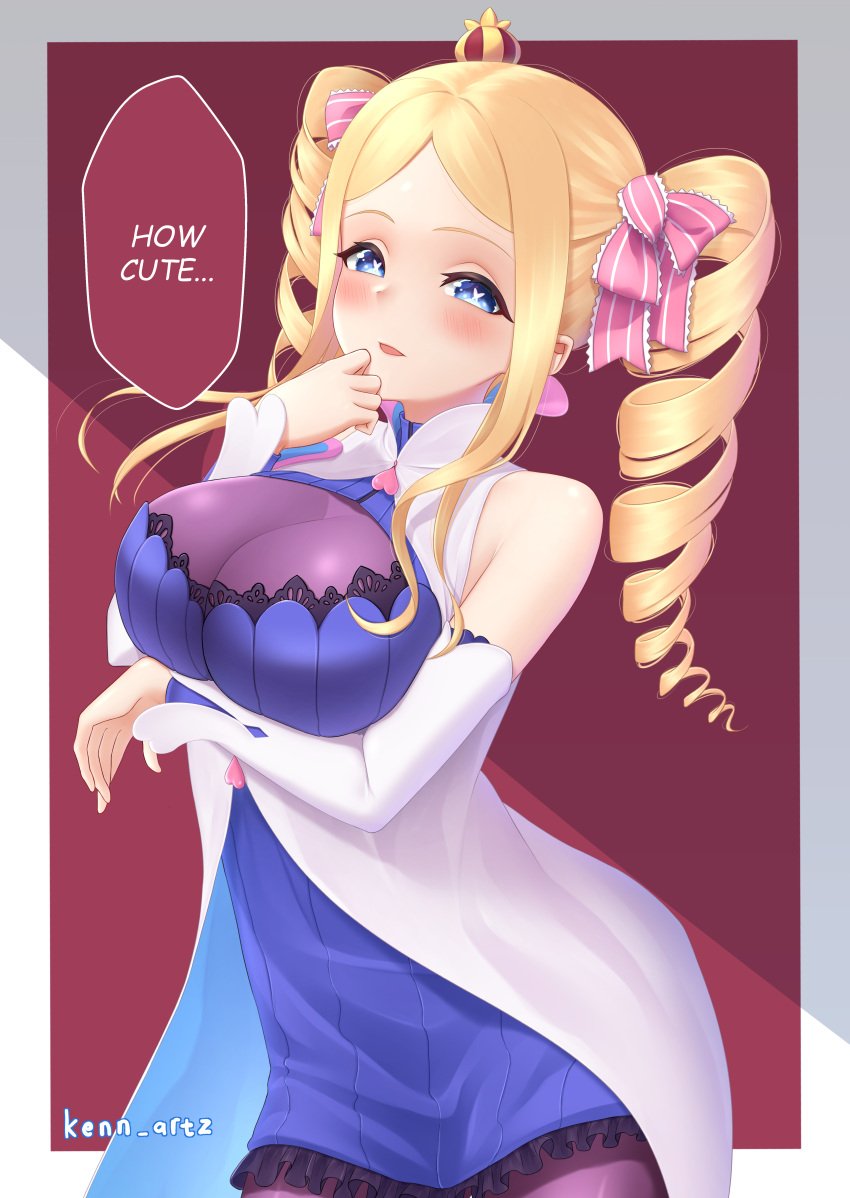 alternative_bust_size bare_shoulders beatrice_(re:zero) blonde_hair blue_eyes blush bodystocking bodysuit breasts cleavage cleavage_cutout clothing_cutout coat commission cosplay detached_sleeves drill_hair english female female female_only frills hand_to_own_mouth hand_under_breasts high_resolution kenn_artz large_breasts large_filesize lingerie lips long_hair looking_at_viewer minerva_(re:zero) mini_crown older open_mouth pantyhose re:zero_kara_hajimeru_isekai_seikatsu shiny sidelocks speech_bubble symbol-shaped_pupils twin_drills very_high_resolution white_coat