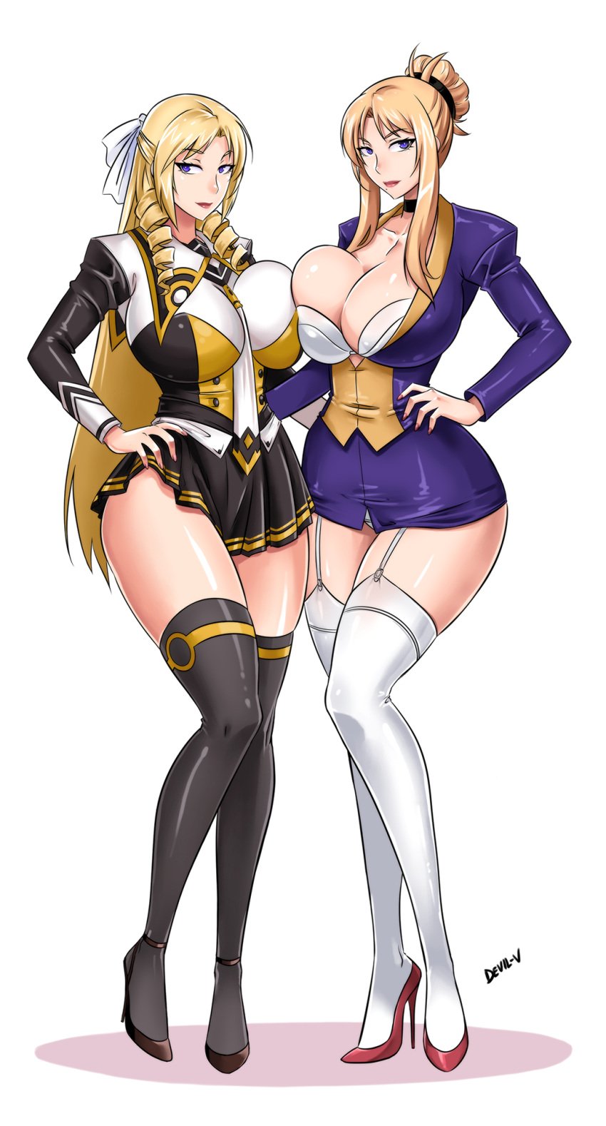 2girls blonde_hair blue_eyes breast_press breasts choker cleavage devil-v discipline discipline:record_of_a_crusade discipline_zero dress drill_hair female_focus full_body garter_straps hair_bun hair_ribbon hand_on_hip high_heels highres huge_breasts impossible_clothes lips lipstick long_hair looking_at_viewer makeup matching_hair/eyes microskirt minidress miniskirt mole mole_under_mouth morimoto_leona morimoto_reina multiple_girls nail_polish original panties pantyshot pencil_skirt revealing_clothes ribbon school_uniform sexually_suggestive siblings simple_background sisters skirt standing thighhighs underwear white_background white_legwear white_panties