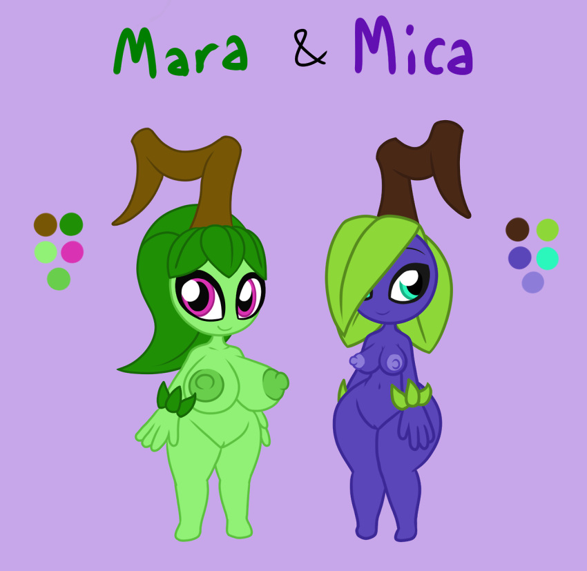 anthro anthrofied breast_size_difference breasts duo duo_focus female female_focus female_only flora_fauna grapes green_body looking_at_viewer mara_(screwroot) mica_(screwroot) naked navel nipples nude nude_female nudity oc original_character original_characters plant plant_humanoid plantie purple_background purple_body pussy screwroot size_difference standing staring_at_viewer