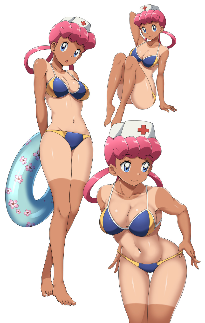 1girls bikini blue_eyes breasts dark-skinned_female eye_contact female looking_at_viewer nintendo nurse nurse_cap nurse_joy pink_hair pokemon pokemon_(anime) solo suitenan tan tan_skin tanline tanlines tanned tanned_skin thick_thighs thighs white_background