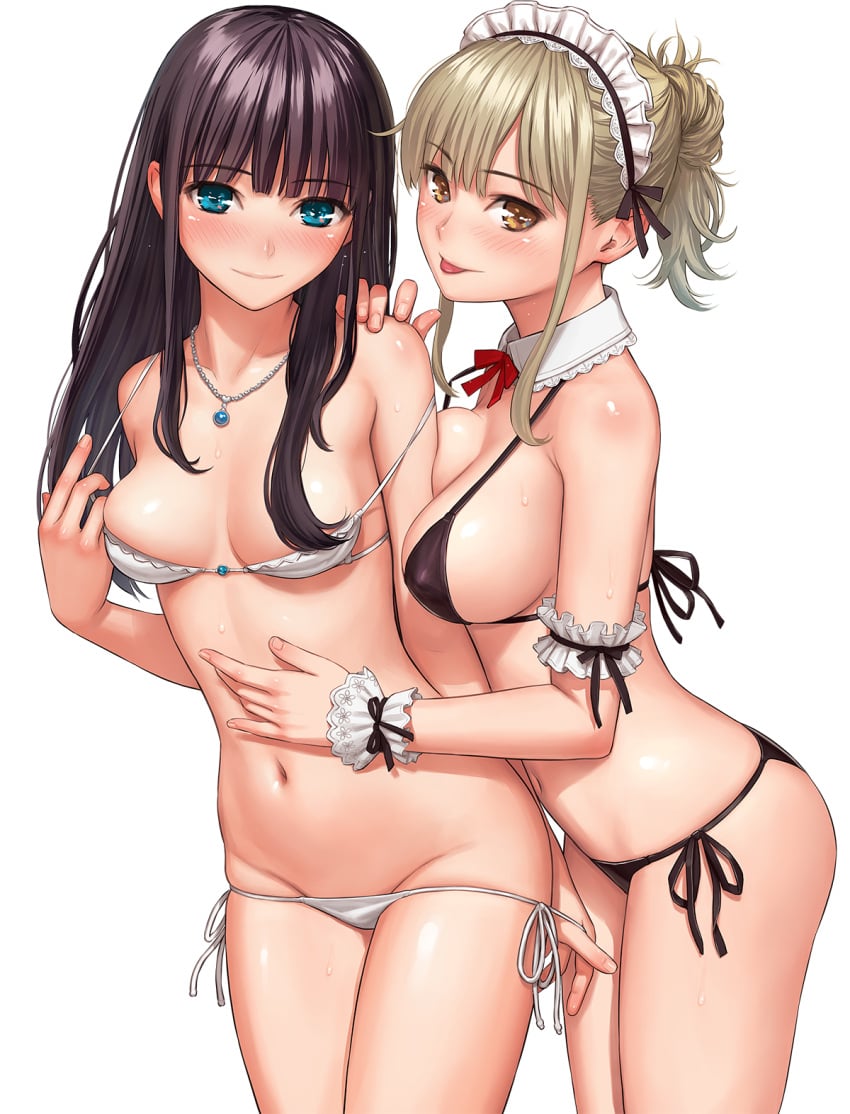 2019 2girls :p arm_garter bikini bikini_pull black_bikini black_swimsuit blue_eyes blush breasts brown_hair closed_mouth comic_kairakuten cowboy_shot dated detached_collar female female_only fingernails groin hand_on_another's_shoulder hand_on_another's_stomach high_resolution homunculus_(artist) jewelry large_breasts light_brown_hair long_hair looking_at_viewer maid_bikini maid_headdress medium_breasts multiple_girls navel necklace ponytail side-tie_bikini skindentation smile standing strap_slip swimsuit tagme tied_hair tongue tongue_out transparent_background undercover_brothers updo white_bikini white_swimsuit wrist_cuffs yellow_eyes yuri