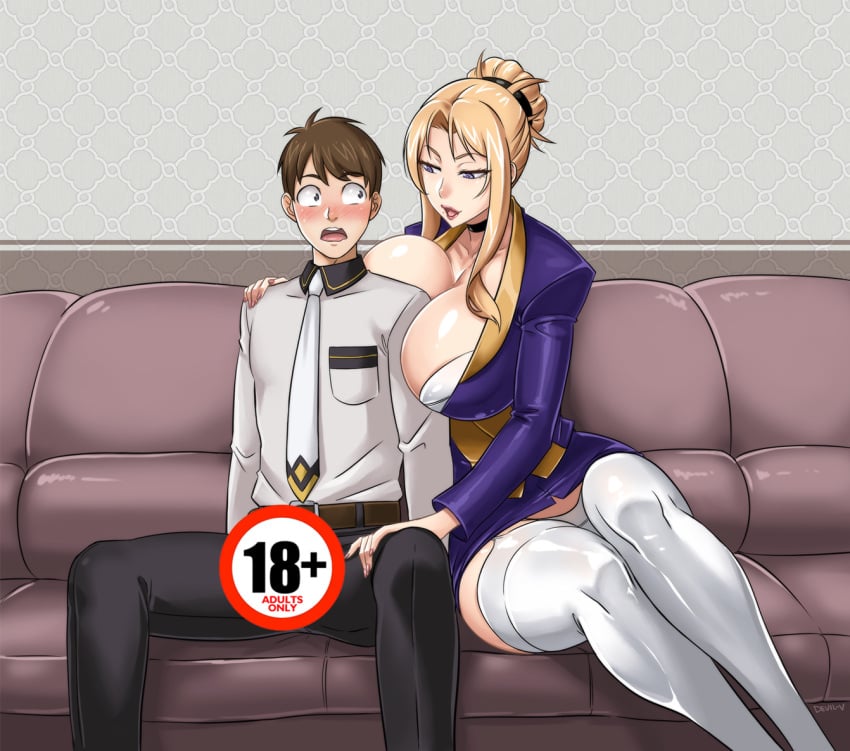 1boy 1girls between_breasts blonde_hair blue_eyes blush breasts brown_hair censored choker cleavage couch devil-v discipline discipline:record_of_a_crusade dress full_body furniture garter_straps hair_bun highres huge_breasts impossible_clothes lips lipstick looking_to_the_side makeup microskirt minidress miniskirt mole mole_under_mouth morimoto_reina open_mouth original panties pantyshot pencil_skirt school_uniform seductive seductive_eyes seductive_look seductive_mouth sexually_suggestive sitting skirt thighhighs underwear white_legwear white_panties