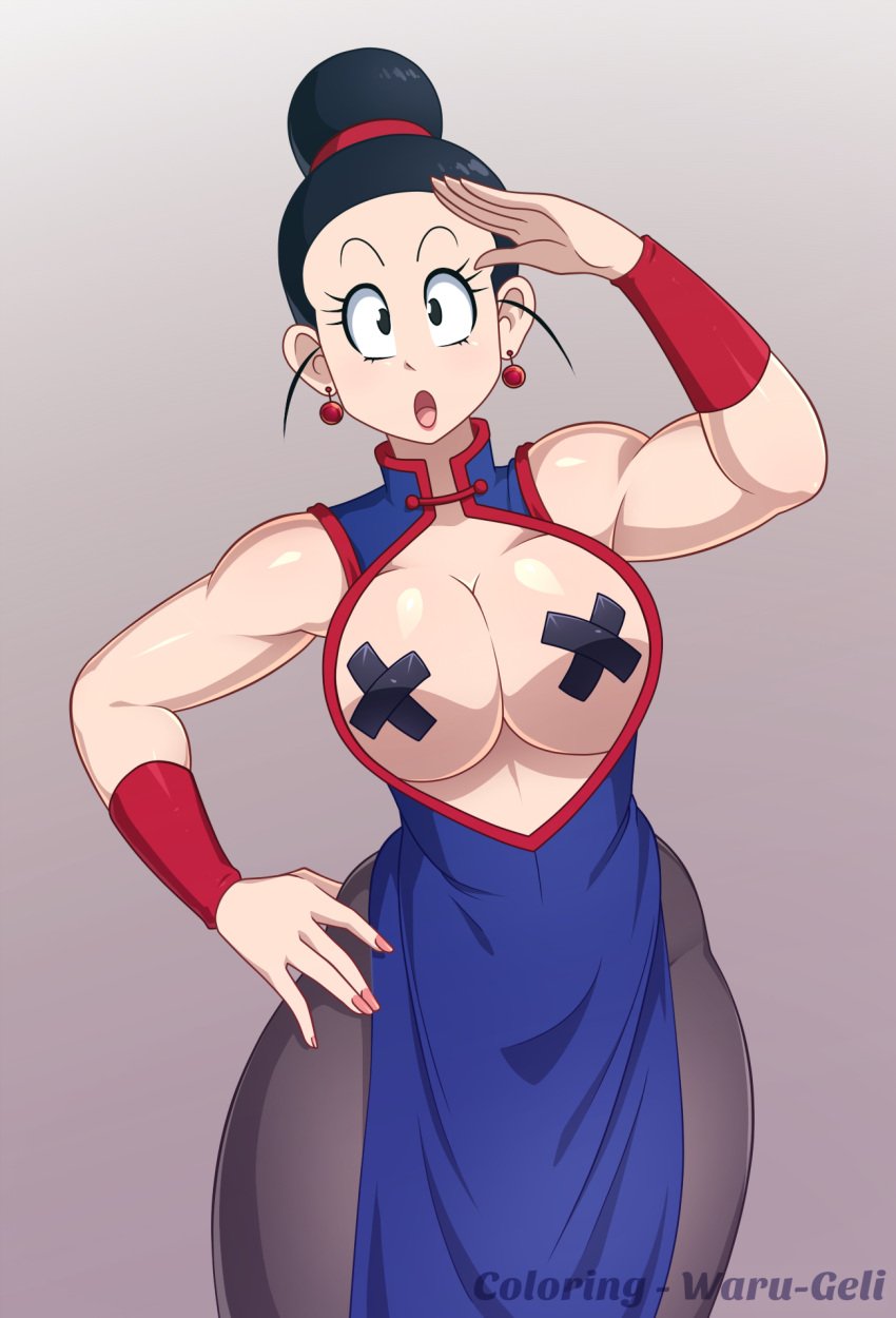 1girls bandaids_on_nipples bare_shoulders big_breasts black_hair blue_dress boob_window chichi child_bearing_hips china_dress cleavage dragon_ball dragon_ball_z earrings female female_only free_space guillion_(toshkarts) hair_bun huge_breasts nipple_tape pasties shounen_jump sleeveless solo tape_pasties thick_thighs wide_hips