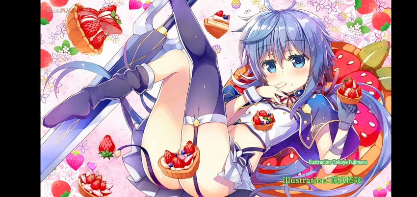 1girls blue_eyes blue_hair female female_only food hair legs legs_up open_eyes re=l_rayford rokudenashi_majutsu_koushi_to_akashic_record small_breasts solo solo_female strawberry