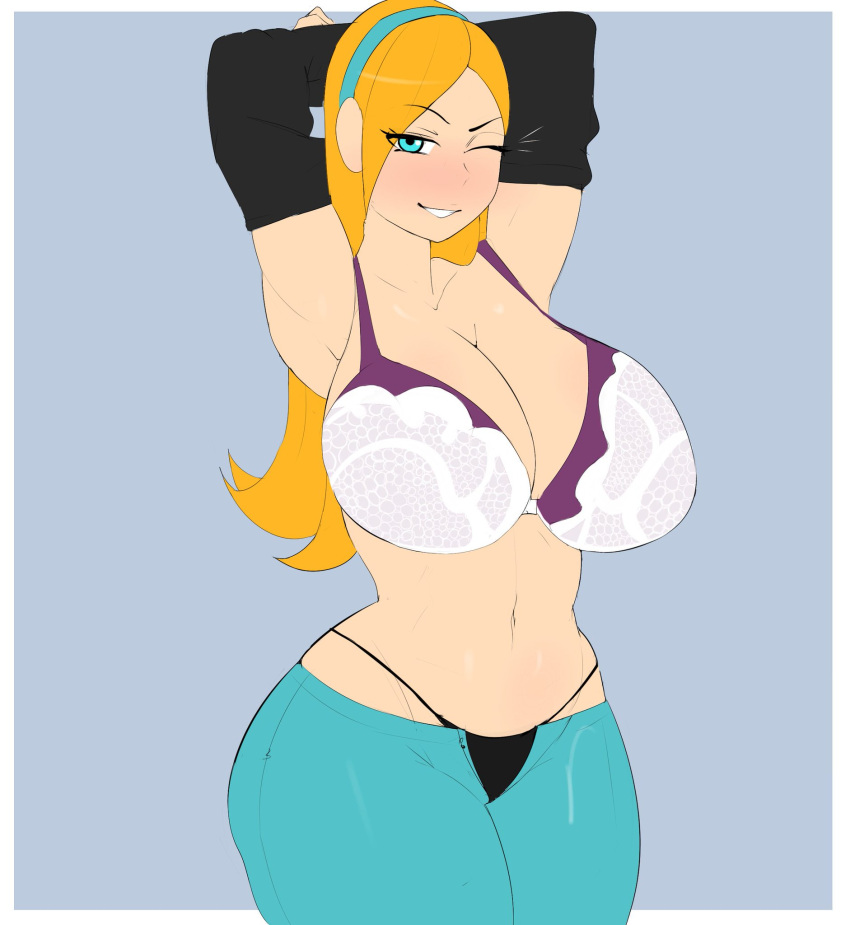 1girls armpits big_breasts black_panties black_thong blue_background blue_eyes blue_jeans blush bra breasts danny_phantom female female_only g3mma hairband hi_res highres hourglass_figure jazz_fenton jeans lacy_bra large_breasts nickelodeon orange_hair pants_unbuttoned raised_eyebrow shirt_over_head solo solo_female undressing voluptuous wink winking winking_at_viewer