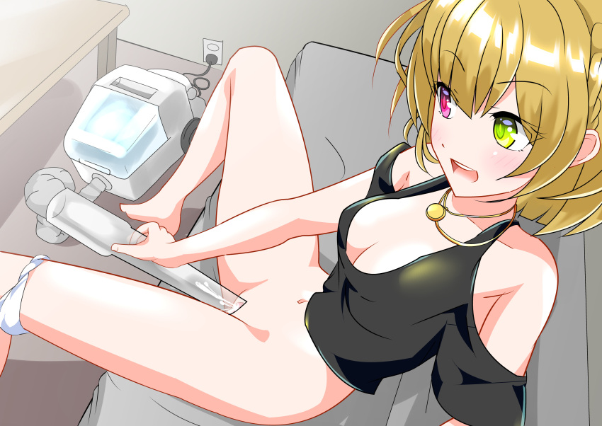 absurdres bare_shoulders barefoot blonde_hair blush bottomless charlotte_(shironeko_project) coffee_table couch detached_sleeves electric_plug electric_socket female female_ejaculation happy heterochromia highres jewelry light_blush masturbation necklace neko_totora open_mouth panties panties_around_one_leg pussy_juice shironeko_project short_hair sitting smile solo spread_legs squirting underwear vacuum_cleaner