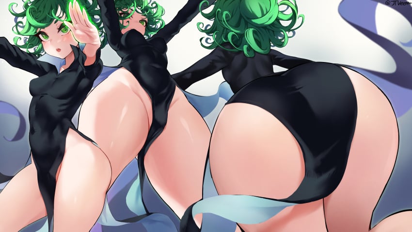 1girls absurd_res areolae ass bangs bare_legs black_dress black_pelvic_curtain blush bottomless breasts covered_navel cowboy_shot dress erect_nipples erect_nipples_under_clothes female flipped_hair from_behind green_eyes green_hair groin hi_res jtveemo looking_at_viewer nipples no_panties one-punch_man open_mouth outstretched_arms pelvic_curtain short_green_hair simple_background small_breasts tatsumaki thick_thighs thighs upper_teeth viewed_from_below white_background