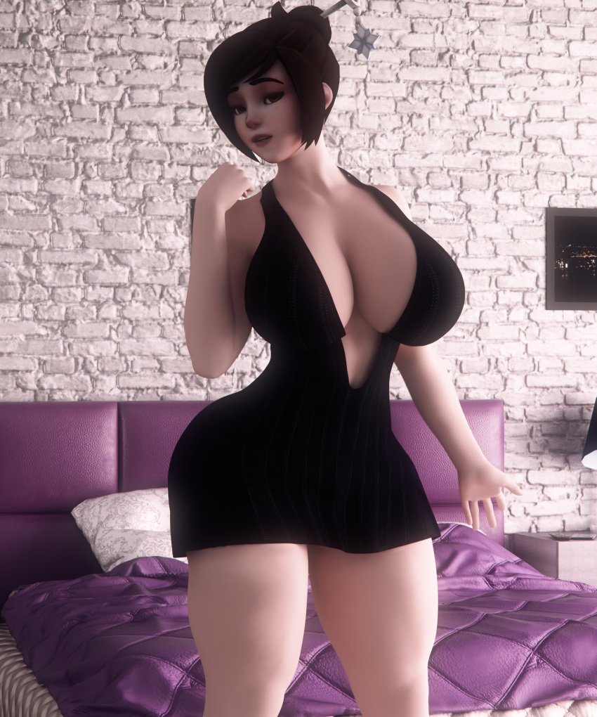 1girls 3d bed big_breasts blizzard_entertainment cleavage dashie116 dress mei_(overwatch) overwatch voluptuous