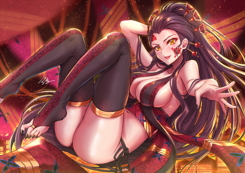 barefoot big_breasts black_hair black_nails cleavage daki_(kimetsu_no_yaiba) demon_girl demon_slayer facial_markings feet female female_only gu_li hair_ornament highres kimetsu_no_yaiba long_hair looking_at_viewer nail_polish obi revealing_clothes sharp_nails side-tie_panties sideboob smile solo thighhighs toeless_legwear toenail_polish unusual_pupils yellow_eyes