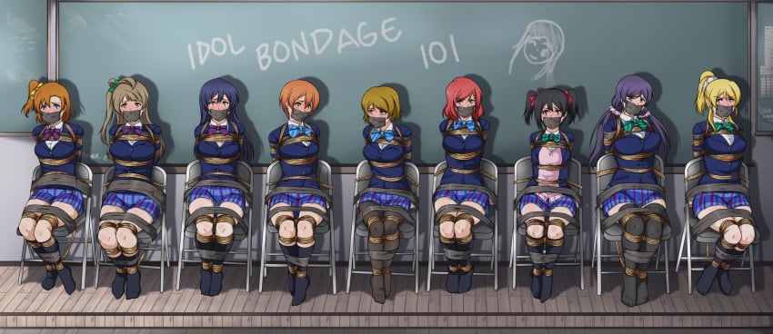 6+girls 9girls arms_behind_back ayase_eli big_breasts black_hair blonde_hair blue_eyes blue_hair blush bondage breasts brown_hair chair_bondage classroom femsub gag hoshizora_rin koizumi_hanayo kousaka_honoka legwear love_live! love_live!_school_idol_project minami_kotori multiple_subs nishikino_maki orange_hair prisoner red_eyes red_hair rope ryner-e school_uniform schoolgirl sonoda_umi take_your_pick tape_bondage tape_gag taped_mouth toujou_nozomi violet_eyes violet_hair yazawa_nico yellow_eyes