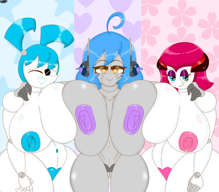 3girls ahoge antennae areolae big_breasts black_eyes blinking blue_eyes blue_hair blue_nipples breast_press breast_squeeze breasts breasts_out canon_x_oc female/female female_focus female_only grin heart-shaped_pupils jenny_wakeman large_breasts lewdxt long_hair looking_at_viewer makeup metallic_body multiple_girls my_life_as_a_teenage_robot naked_female nipples orange_eyes original_character pick_one pink_hair pink_nipples pov_eye_contact purple_nipples robot robot_girl robot_humanoid sakura_best_friend_robot screw_nipples short_hair smile smug smug_face take_your_pick teasing thick_thighs twintails xj-9 xt459 yuri