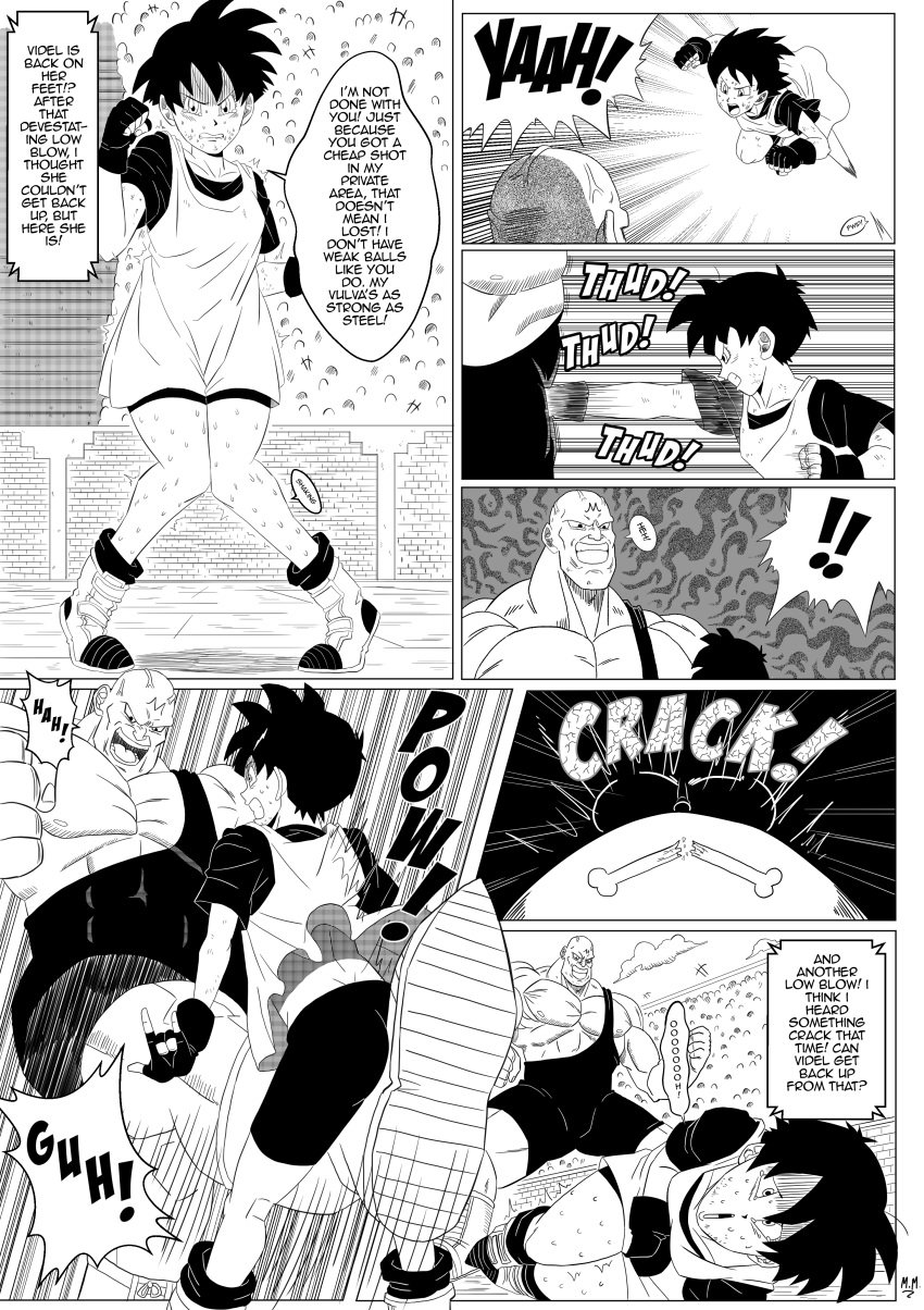 1boy 1girls audience bike_shorts black_and_white crowd cuntbusting doujinshi dragon_ball dragon_ball_z female femsub fingerless_gloves male maledom monkeeman0918 monochrome muscular_male pussy_kick ryona scared_expression short_hair spopovich sweating tomboy videl