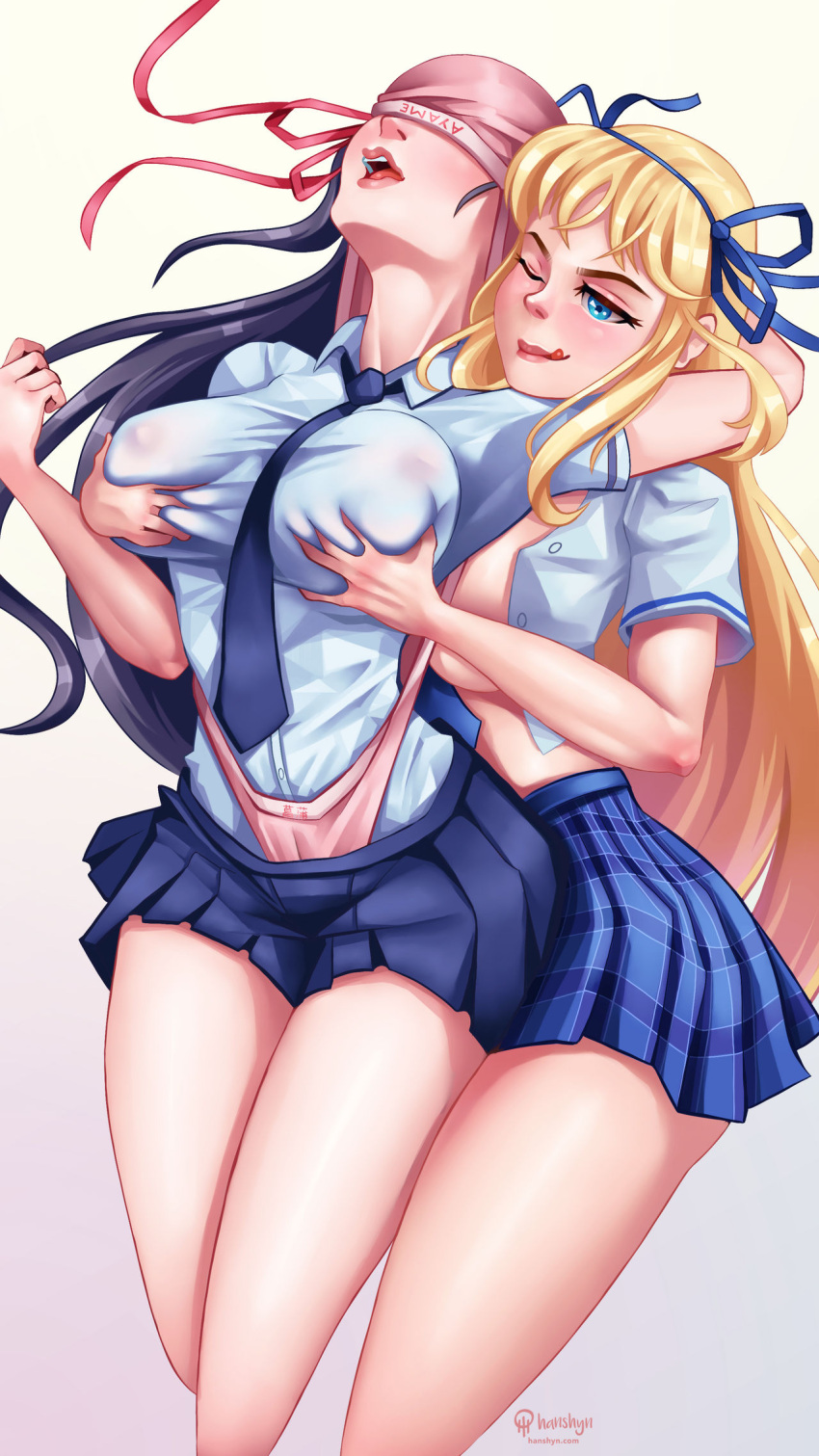 2girls atomic_wedgie ayame_(senran_kagura) blonde_hair breasts busty catfight groping groping_breasts groping_from_behind katsuragi_(senran_kagura) one_eye_closed panties_over_head pink_panties school_uniform see-through see-through_clothing see-through_top see_through_shirt senran_kagura skirt tie wedgie yuri