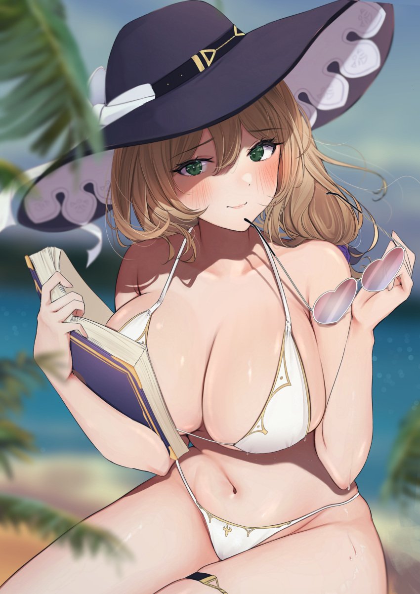 1girls 2022 absurd_res alternate_version_available bare_legs barefoot beach bikini blush book breasts brown_hair eyewear_removed feet female female_only genshin_impact green_eyes hat hips holding_object huge_breasts large_hat lisa_(genshin_impact) long_hair looking_at_viewer oji_fuguri outdoors side_ponytail slim_waist sun_hat sunglasses sunglasses_removed thick_thighs thighs white_bikini wide_hips