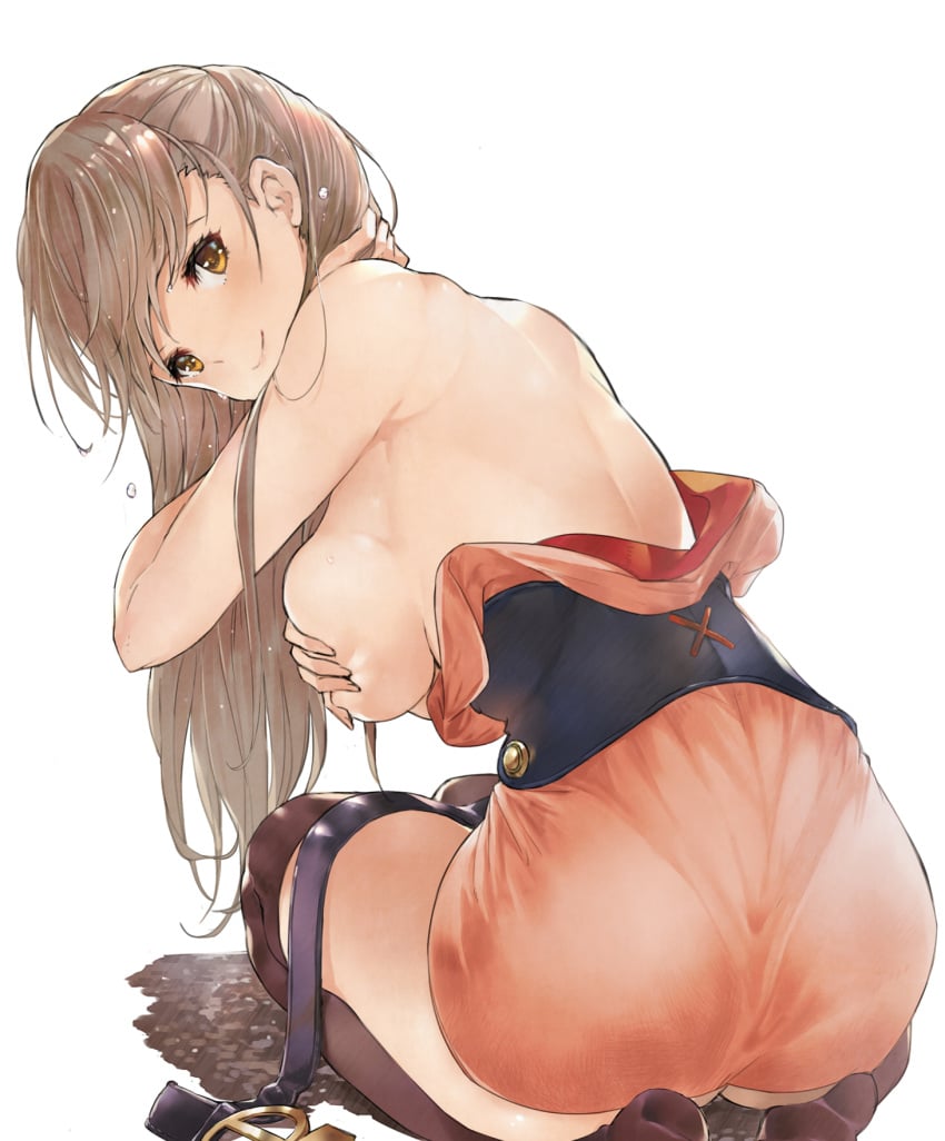 ass back breast_hold breasts breasts_out covered_nipples covering fully_clothed kajika_(kabaneri) koutetsujou_no_kabaneri looking_back no_bra nopan on_knees open_shirt tagme thighhighs tokopi wet white_background