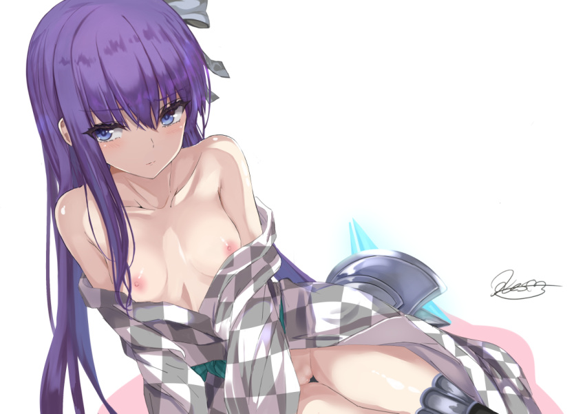 armor blue_eyes blush breasts fate/grand_order fate_(series) japanese_clothes kesoshirou long_hair meltryllis nipples no_bra purple_hair pussy signed uncensored white yukata