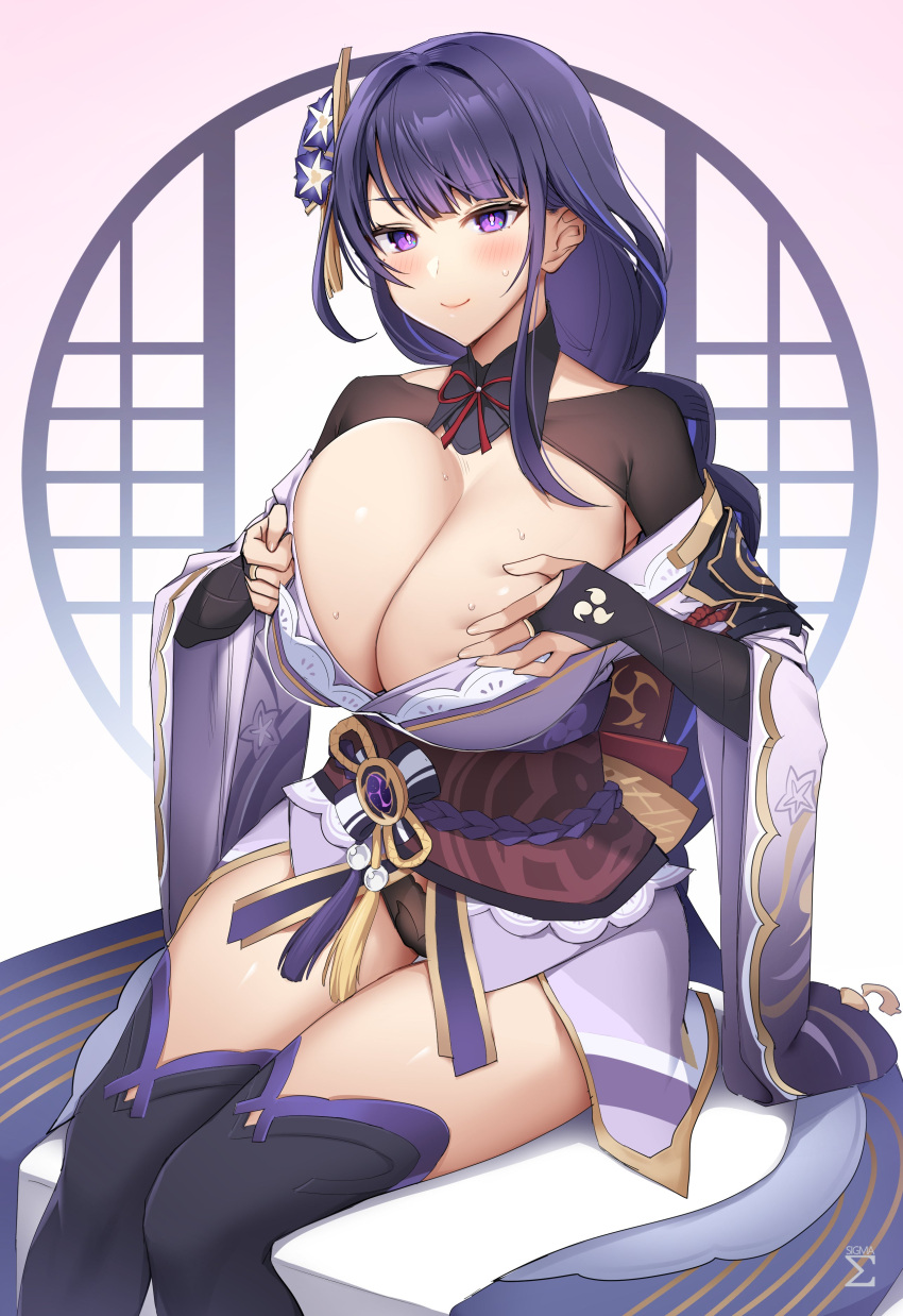 big_breasts breast_press breast_squeeze breast_squish breasts cleavage genshin_impact hands_on_breasts holding_breast huge_breasts leotard light-skinned_female panties purple_eyes purple_hair raiden_shogun sigma_2018 sitting thigh_boots