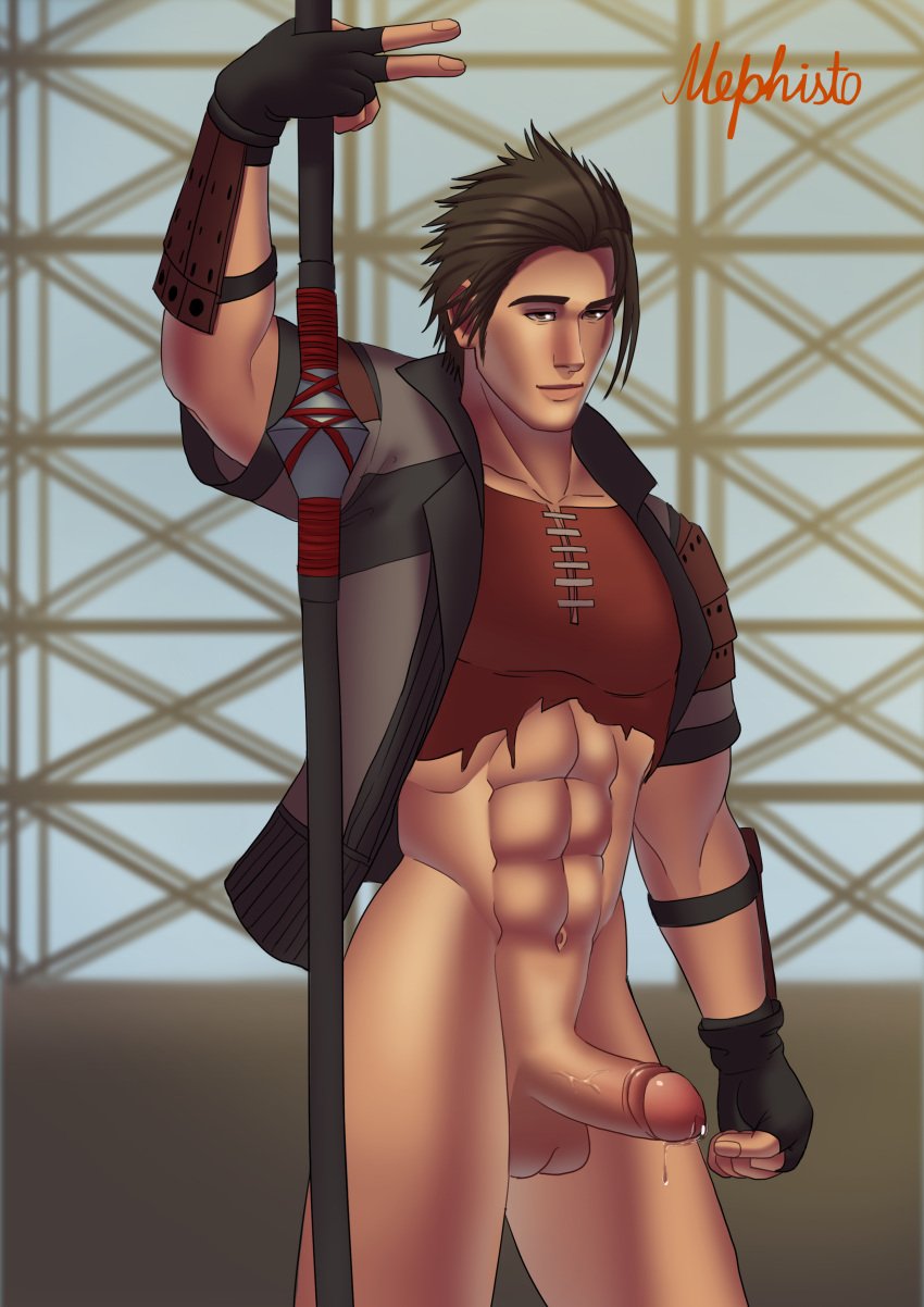 1boy abs bara big_penis bottomless brown_eyes brown_hair cowboy_shot erection feet_out_of_frame final_fantasy final_fantasy_vii final_fantasy_vii_intergrade final_fantasy_vii_remake fingerless_gloves gay holding_weapon looking_at_viewer mephisto mephisto(artist) muscular peace_sign precum_drip retracted_foreskin sonon sonon_kusakabe spear torn_clothes uncut veiny_penis weapon