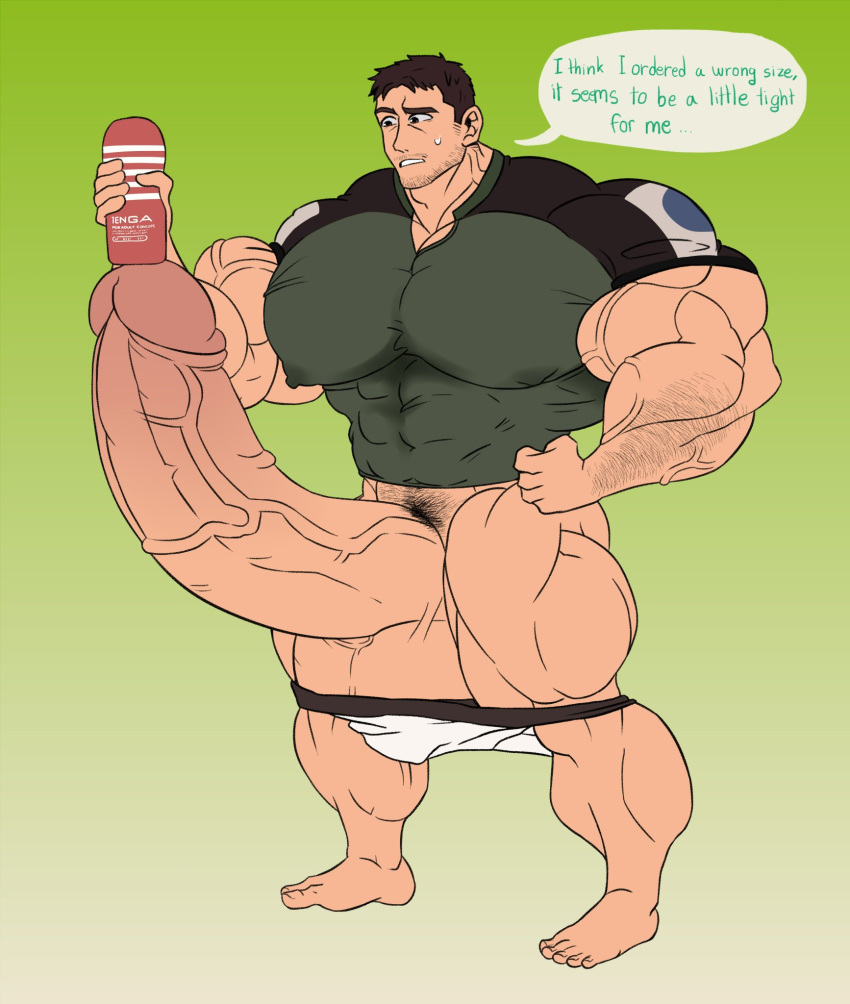 bara barefoot beard brown_eyes brown_hair chris_redfield clothing feet hairy hairy_arms huge_cock huge_muscles hyper hyper_genitalia hyper_muscles hyper_penis khanthedestroyer male male_only muscles muscular muscular_male partially_clothed resident_evil solo solo_male speech_bubble sweatdrop underwear underwear_down white_skin