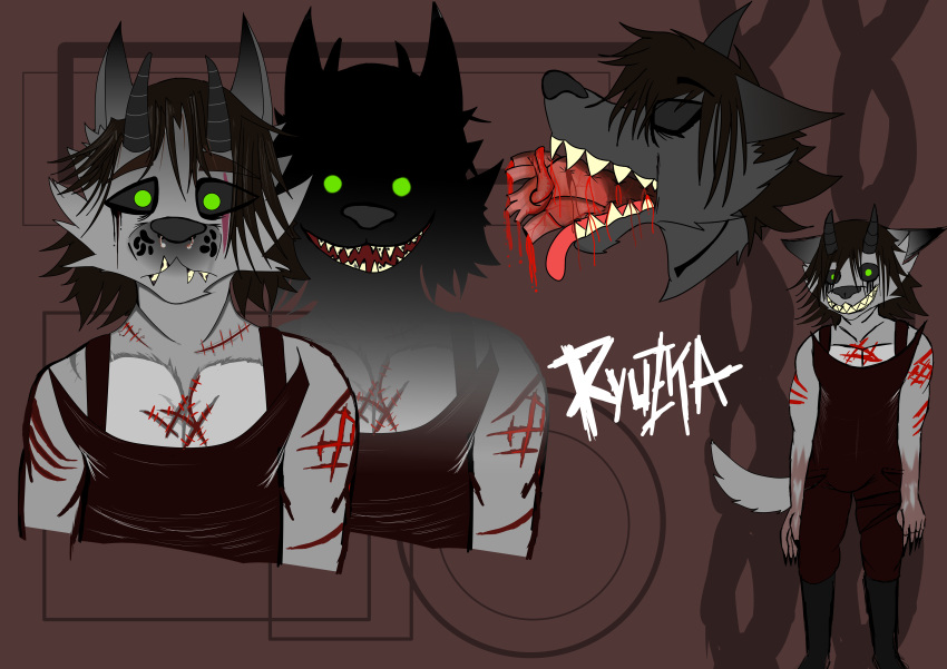 absurd_res blood bodily_fluids canid canine canis death digital_media_(artwork) gore grey_body headshot_portrait heart_(organ) hi_res humanoid male mammal organs portrait ryuzka simple_background smile solo wolf wolfhound