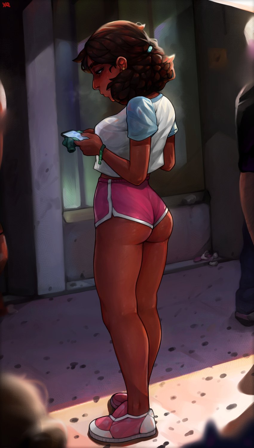 1girls absurd_res ass athletic_shorts back blush bottomwear breasts brown_hair bubble_butt cartoon_network cellphone clothing connie_maheswaran dark-skinned_female dark_skin day dolphin_shorts earrings electronics female female_focus female_only footwear from_behind full_body gym_shorts hi_res human in_profile indian jewelry kneepits large_ass large_breasts legs looking_back looking_down medium_breasts medium_hair older outdoors phone pink_footwear pink_shorts raglan_sleeves shirt shoes short_shorts shorts smartphone sneakers solo solo_focus sportswear standing steven_universe t-shirt thighs very_dark_skin wedgie yellowroom