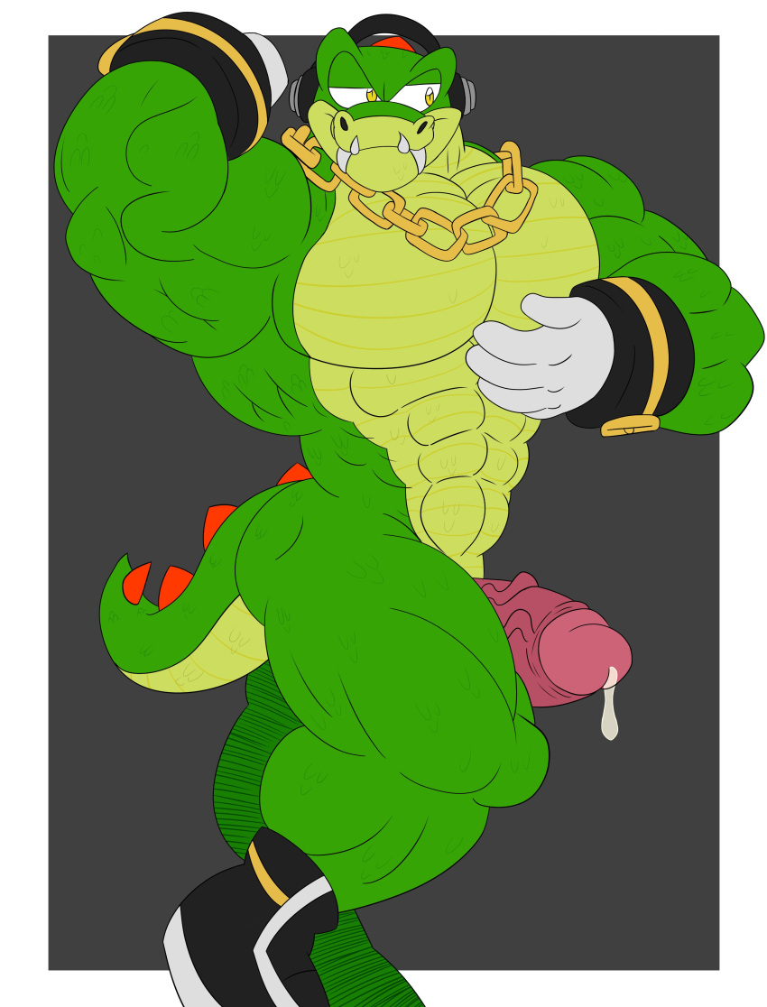 1boy 2019 absurd_res anthro bara bodily_fluids crocodile crocodilian crocodylid cum digital_media_(artwork) genital_fluids genitals headphones hi_res male male_only muscular muscular_anthro muscular_male okrizo831 penis reptile scalie sega slash876 solo sonic_(series) sonic_the_hedgehog_(series) vector_the_crocodile