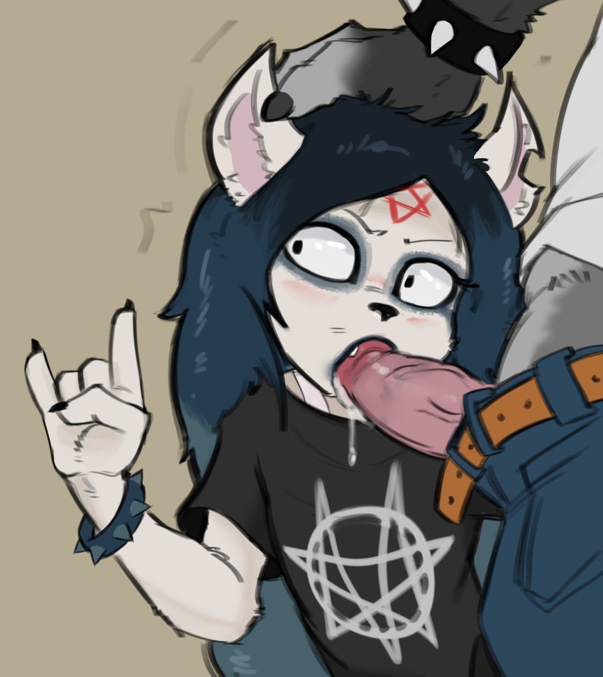 black_hair blowjob blue_hair claire_(the_summoning) cuffs cum eyeshadow faceless_male feline fellatio female furry goth male oral pentagram punk stupidgnoll the_summoning