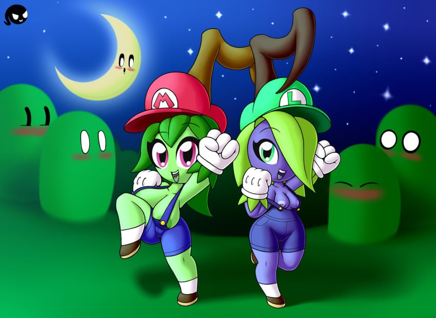 2017 2girls anthro anthrofied blush breast_size_difference breasts duo duo_focus female female_focus female_only flora_fauna full_body gloves grapes green_body halloween halloween_costume looking_at_viewer luigi mara_(screwroot) mario mario_(series) mica_(screwroot) multiple_girls night nintendo nipples open_mouth open_smile original_character outdoors overalls plant plant_humanoid plantie purple_body pussy screwroot shoes size_difference standing super_mario_bros.