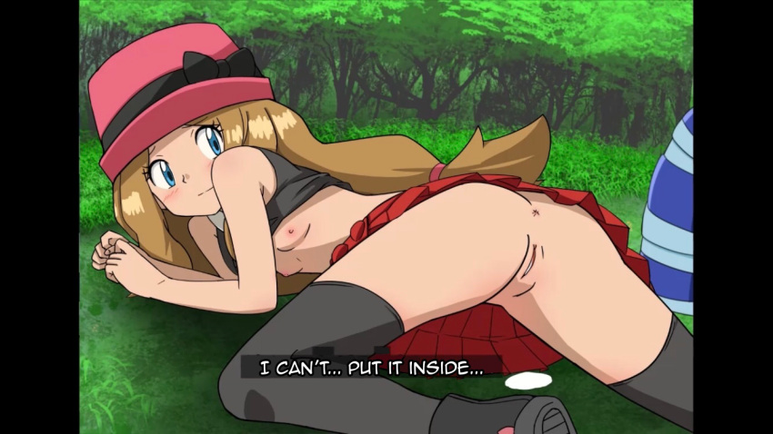 1boy 1girls anus bar_censor blonde_hair breasts censored clothing cum cum_in_pussy cum_inside duo female furanshisu game_freak hat human human_only japanese_text long_hair male nintendo nipples outdoors penetration penis pokemon pokemon_xy pussy serena_(pokemon) sex shirt shirt_lift skirt straight text vaginal_penetration