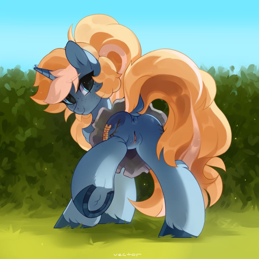 1:1 2020 anus ass blonde_hair blue_body blue_eyes blue_fur blue_horn cutie_mark equid equine fan_character female feral fetlocks fur genitals grass hair hasbro hi_res hooves horn looking_back mammal maple_parapet_(oc) mlp_oc my_little_pony outside plant ponytail pussy quadruped rear_view smile solo unicorn unicorn_horn zlatavector