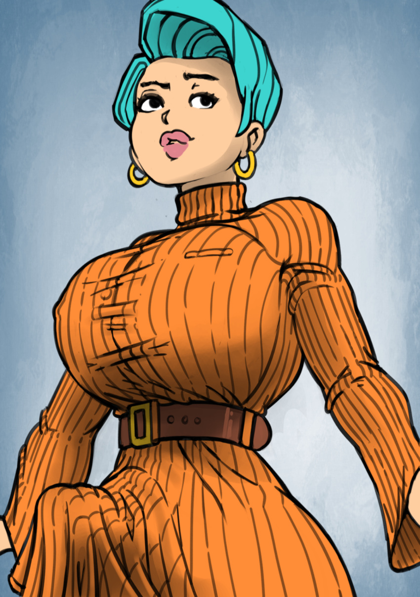 1futa belt blue_hair bulge bulge_through_clothing bulma_briefs bulma_briefs_(gt_saga) clothed_female deleter dragon_ball dragon_ball_gt dragon_ball_super dragon_ball_z futa_bulge futa_only futanari hoop_earrings krimreaper milf penis_under_dress recolor solo