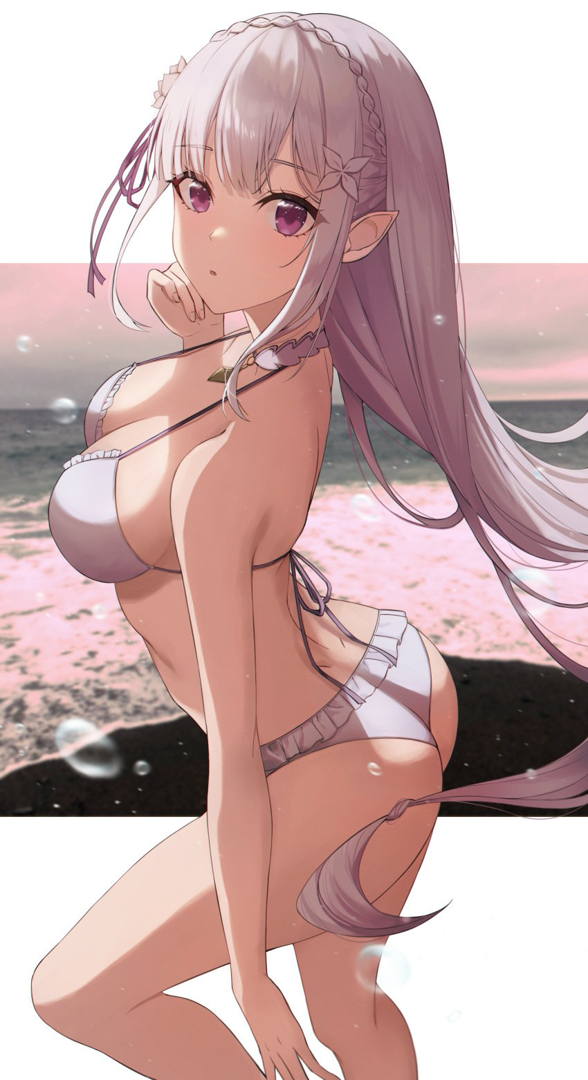 1girls ass bangs bare_arms bare_legs bare_shoulders beach bikini braid breasts choker cleavage clothed clothing crown_braid dimples_of_venus elf emilia_(re:zero) eyebrows_visible_through_hair feet_out_of_frame female female_only flower frilled_bikini frills hair_flower hair_ornament high-angle_view high_resolution human in_profile large_filesize leaning_forward leg_up legs light-skinned_female light_skin long_hair looking_at_viewer looking_to_the_side medium_breasts mostly_nude nea_(pixiv12917646) ocean outside_border parted_lips pixiv pointed_ears purple_eyes re:zero_kara_hajimeru_isekai_seikatsu silver_hair solo standing swimsuit tied_hair very_high_resolution very_long_hair water white_choker white_flower yeorem