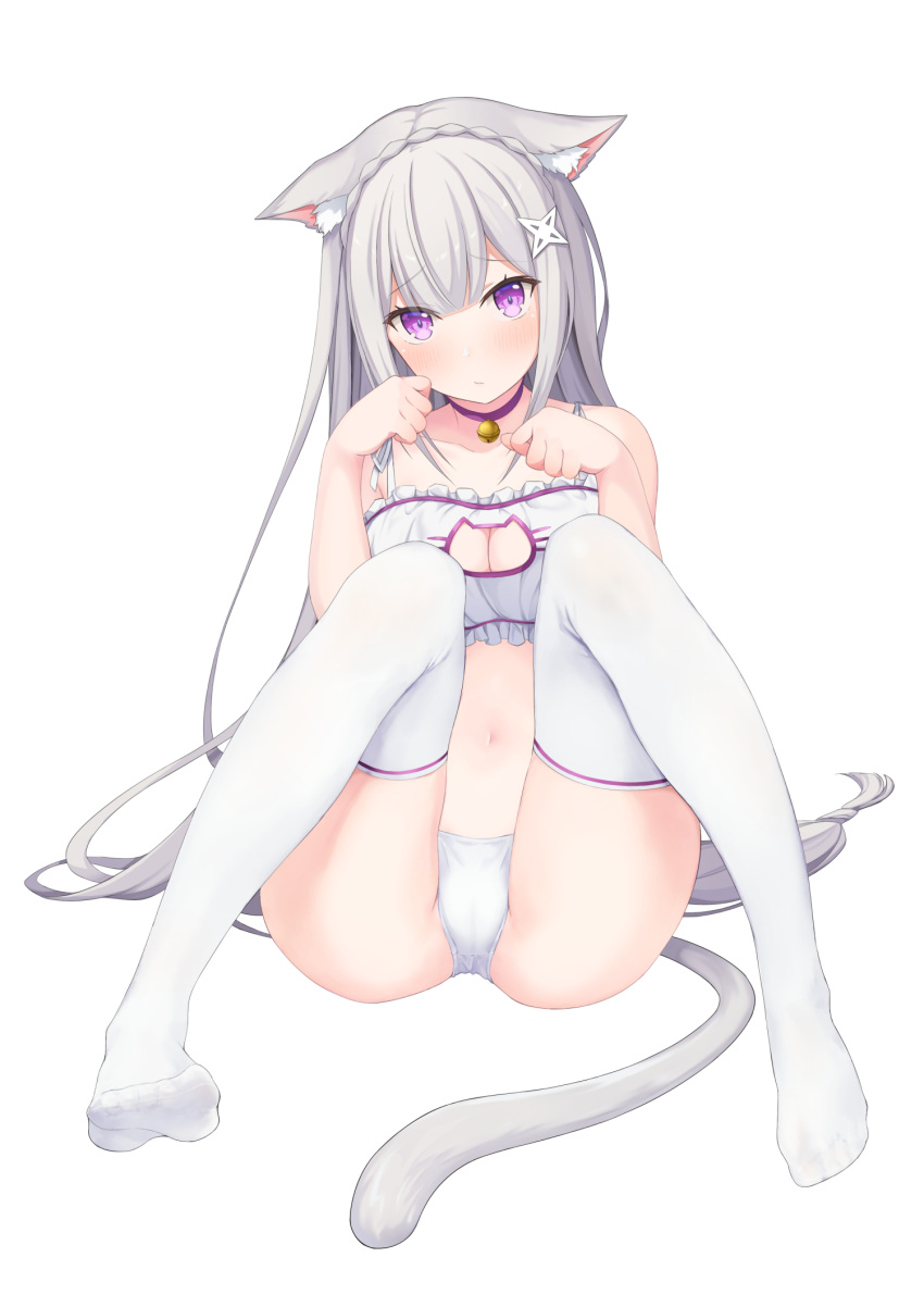 animal_ears bangs bell blush bra breasts cameltoe cat_cutout cat_lingerie cat_tail cinderella_bust clavicle cleavage cleavage_cutout closed_mouth clothed_female clothing clothing_cutout collar echiru echiru39 emilia_(re:zero) eyebrows_visible_through_hair feet female female frilled_bra frilled_underwear frills high_resolution kemonomimi_mode lingerie long_hair looking_at_viewer medium_breasts meme_attire navel neck_bell nekomimi pantsu paw_pose purple_collar purple_eyes re:zero_kara_hajimeru_isekai_seikatsu silver_hair simple_background sitting solo tagme tail thighhighs underwear very_long_hair white_background white_bra white_legwear white_panties white_underwear