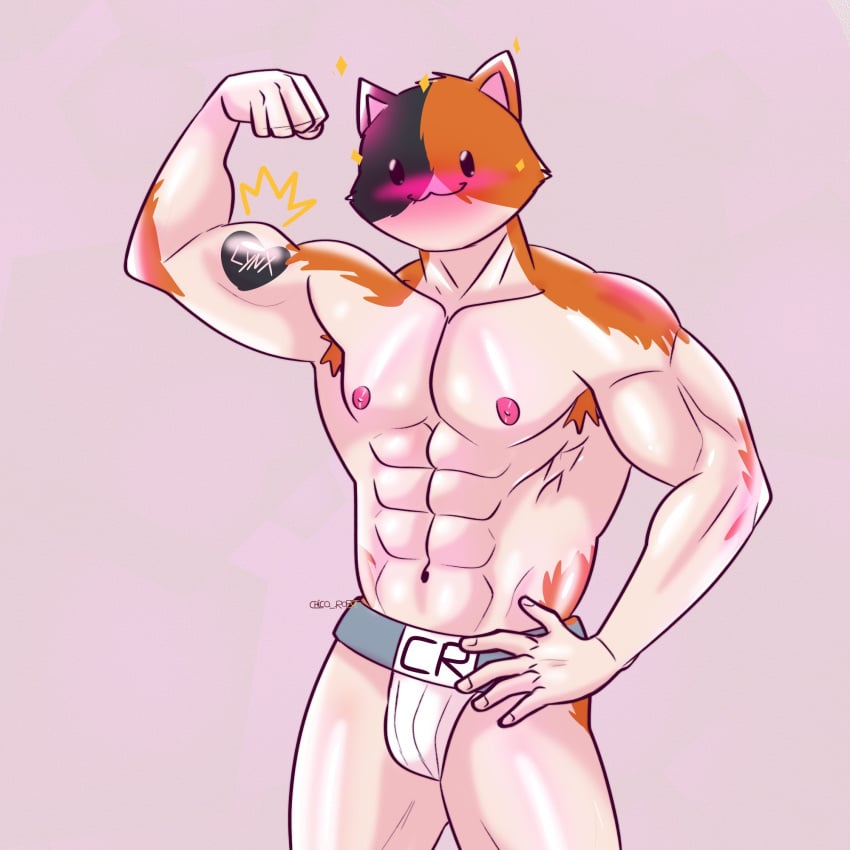 1:1 1boy 2021 5_fingers :3 abs anthro armpit_hair big_muscles blush body_hair calico_cat chicorobot clothed clothing cute_face domestic_cat epic_games felid feline felis fingers fist flexing fortnite furry glistening glistening_body highres jockstrap male male_only mammal meowscles_(fortnite) mottled muscular muscular_anthro muscular_male navel nipples piebald pink_background pink_nipples simple_background smile solo sparkles standing tattoo topless underwear video_games