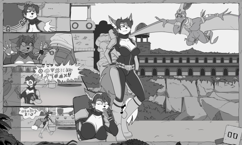 ... 1girls angry anthro arwing black_and_white boots cleavage closed_eyes clothing comic cursing dinosaur female fox_mccloud full_body furry furry_only grass hand_on_hip hips keys krystal mad monochrome nintendo no_humans no_visible_genitalia no_visible_nipples page_2 sequence snout star_fox video_games whistling wide_hips yawg