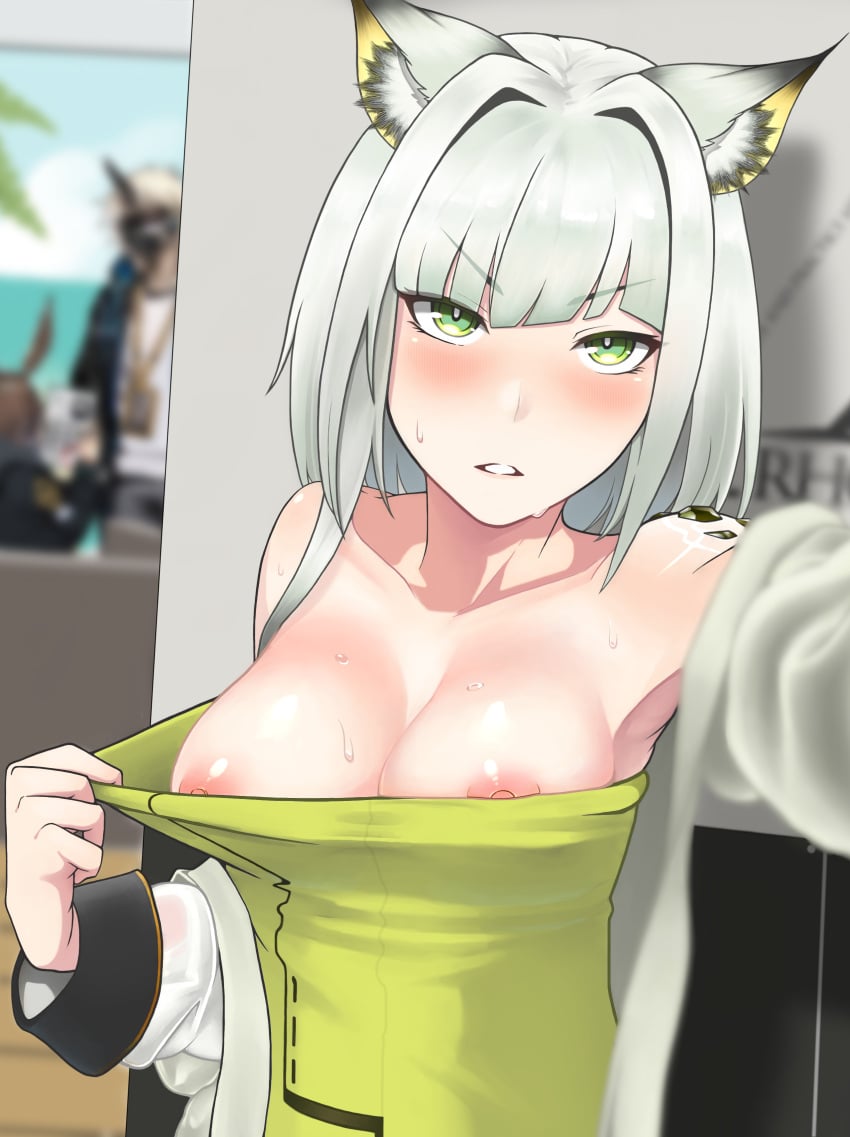 animal_ears areolae arknights bare_shoulders big_breasts blush breasts cat_ears cat_tail catgirl collarbone dress female female_only green_eyes highres imminent_deepthroat imminent_oral inviting_to_sex jwthor kal'tsit_(arknights) looking_at_viewer medium_hair nipples no_bra oppai_challenge oral oral_sex oripathy_lesion_(arknights) petite presenting_breasts selfie solo_female stealth sweat sweating tagme taking_picture teenager uniform white_hair