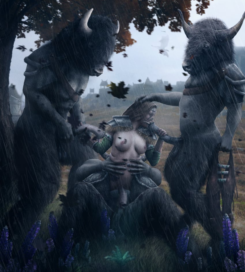 1girls 3boys aela_the_huntress minotaur monster skyrim the_elder_scrolls wasmachensachen