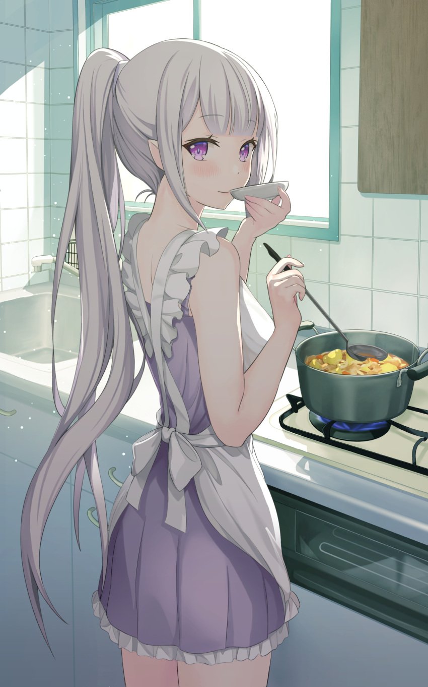 alternative_costume apron bangs bare_shoulders blunt_bangs blush closed_mouth clothing cooking cowboy_shot dress echiru echiru39 elf emilia_(re:zero) eyebrows_visible_through_hair female frilled_apron frilled_dress frills from_behind grey_hair high_resolution indoors kitchen ladle long_hair looking_at_viewer looking_back pixiv pixiv_id_56006815 pointed_ears ponytail pot purple_dress purple_eyes re:zero_kara_hajimeru_isekai_seikatsu sink sleeveless sleeveless_dress smile sole_female solo solo_female steam tagme tasting tied_hair very_high_resolution very_long_hair white_apron